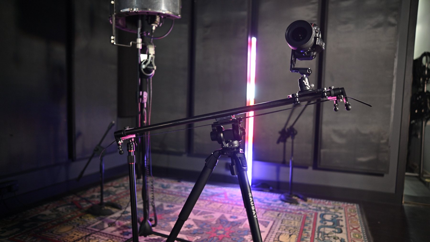 Full Smooth Shots slider and tripod setup inside the studio